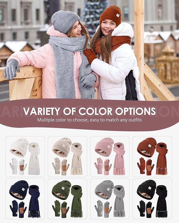Womens Satin Lined Beanie Scarf Gloves Set, Silk Lined Winter Hats Knit Scarf Gloves, Gift Set Stocking Stuffers For Women