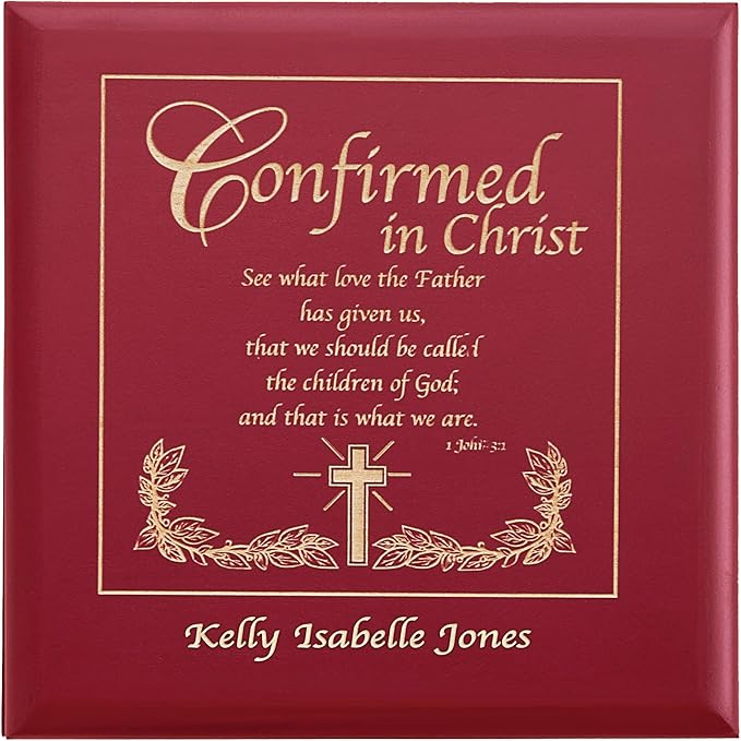 Let's Make Memories Personalized Confirmation Keepsake Box - Scripture - Sacrament - Religious Keepsake - Natural Wood - Cherry Finish - Inspirational Verse - 6.75”Lx6.75”W