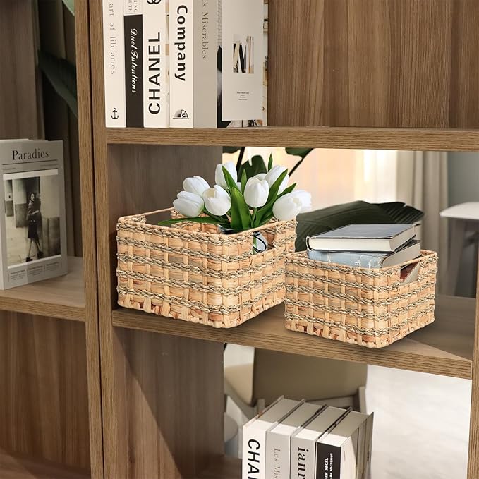 Handmade Square Water Hyacinth and Seagrass Storage Basket - Artisan Woven Rustic Organizer with Metal Frame for Home Decor, Shelf, and Closet (Small(10.6"x10.6"x6.7"H))