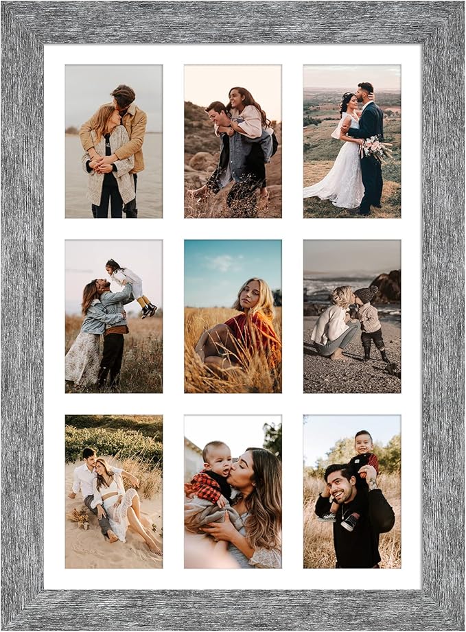 13.5x19.5 Picture Frame Display 9 opening 4X6 Picture Frame Collage,Multi Photo Frame with Mat,Plexiglass,Wall or Tabletop Decor,Grey Wood Grain