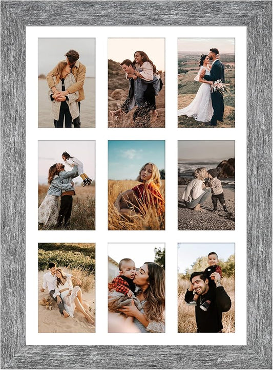 13.5x19.5 Picture Frame Display 9 opening 4X6 Picture Frame Collage,Multi Photo Frame with Mat,Plexiglass,Wall or Tabletop Decor,Grey Wood Grain