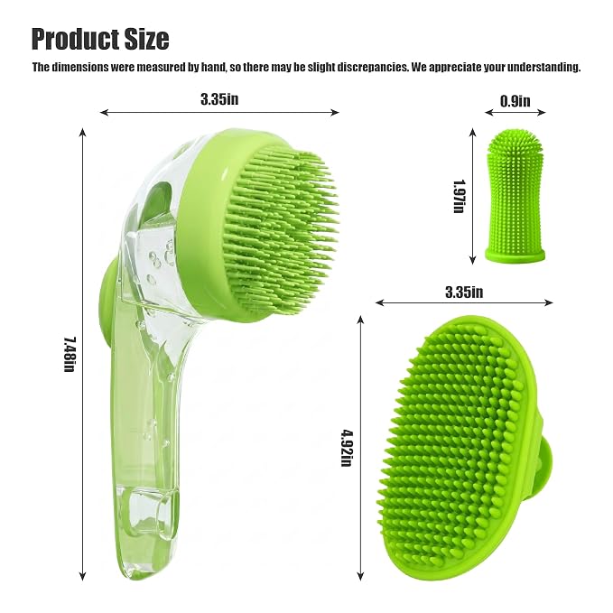 5PC pet grooming bath brush set - silicone massage brush with shampoo dispenser - suitable for dogs and cats for bathing, removing loose hair, and oral cleaning (green)