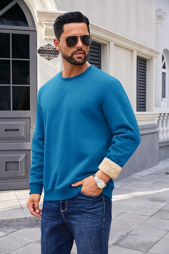 Boladeci Men's Full Sherpa Lined Crewneck Sweatshirts Heavy-weight Fleece Pullover Thick Thermal Long Sleeve Cotton