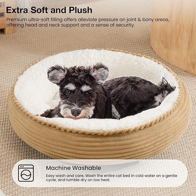 Love's cabin Round Donut Cat and Dog Cushion Bed, 24in Pet Bed for Small or Medium Dogs, Anti-Slip & Water-Resistant Bottom, Soft Durable Fabric Pet Beds, Washable Calming Cat Bed Beige