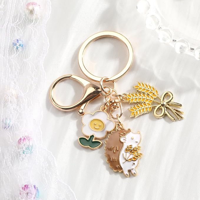 Hedgehog Keychain with Flower Thanksgiving Keycharm with Wheat Unique Animal Keyring for Women Farm Keychains Gifts