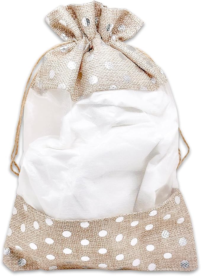 12-Pack X-Large Linen Burlap & Organza Gift Bags w. Drawstrings (7.5x11.5 in, Beige/Silver Polka) - Party Favors, Presents, Samples & Treats Mesh Pouch by The Display Guys