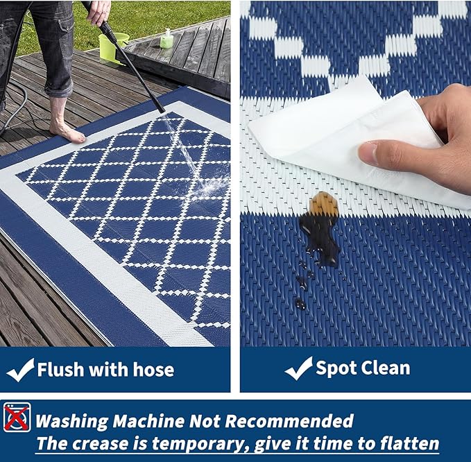 Waterproof Outdoor Rug 8x10 Reversible Plastic Straw Rug Modern Geometric Large Floor Carpet Lightweight Foldable Camping Mat for Outdoors RV Patio Backyard Picnic Blue/White