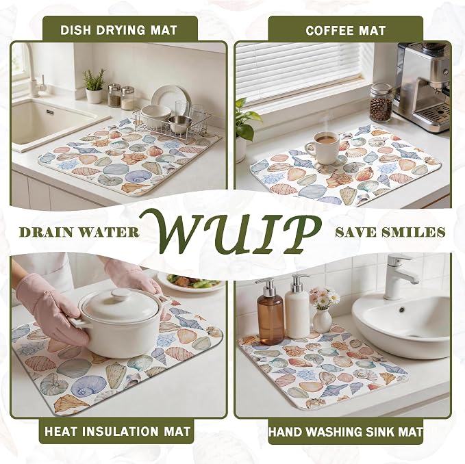 Colorful Seashell Dish Drying Mats for Kitchen Counter, Coastal Beach Conch Shell Absorbent Reversible Coffee Bar Mat Drying Pad for Kitchen Decor, 12x15 Inch