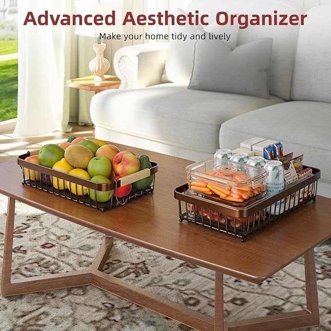 2 Tier Large Fruit Basket for Kitchen Counter with 2 Mobile Banana Hangers, 2026 Pro Detachable Metal Fruit Bowl with Wooden Handle (Brown, 2 Tier Extra Large)