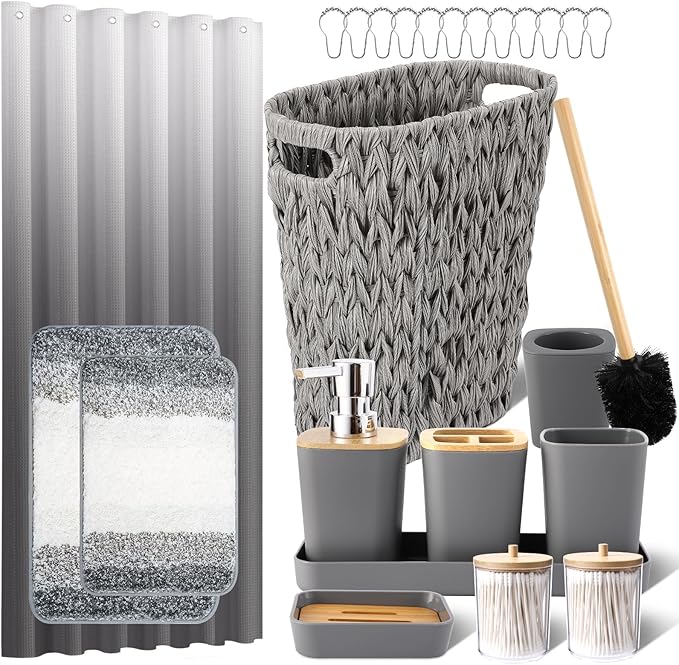 Grey Bathroom Accessories Set with Wicker Trash Can Shower Curtain and Rugs,Bathroom Sets Small Waste Basket Bathroom Trash Can for Bedroom Bathroom