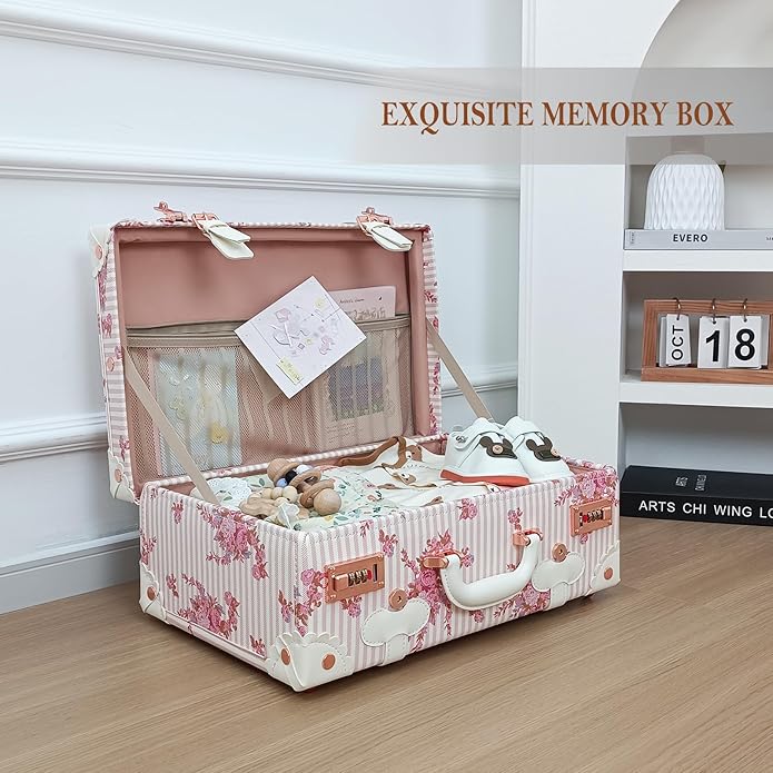 Unitravel Baby Keepsake Case, Handmade Memory Storage Box, Newborn Keepsake Box, Vintage Suitcase for Baby Shower, Baptism, Naming Ceremony or Birthday