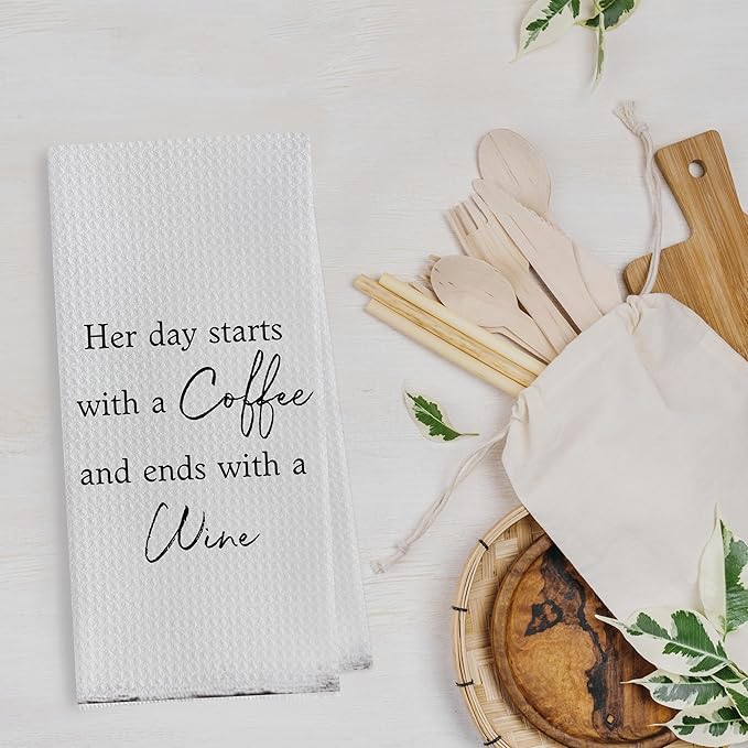 Coffee Wine Dish Towels - Coffee Gifts Waffle Weave Kitchen Towels, Wine Gifts Decorative Hand Towels, Coffee Wine Lover Gifts Tea Towel (16×24 Inches)