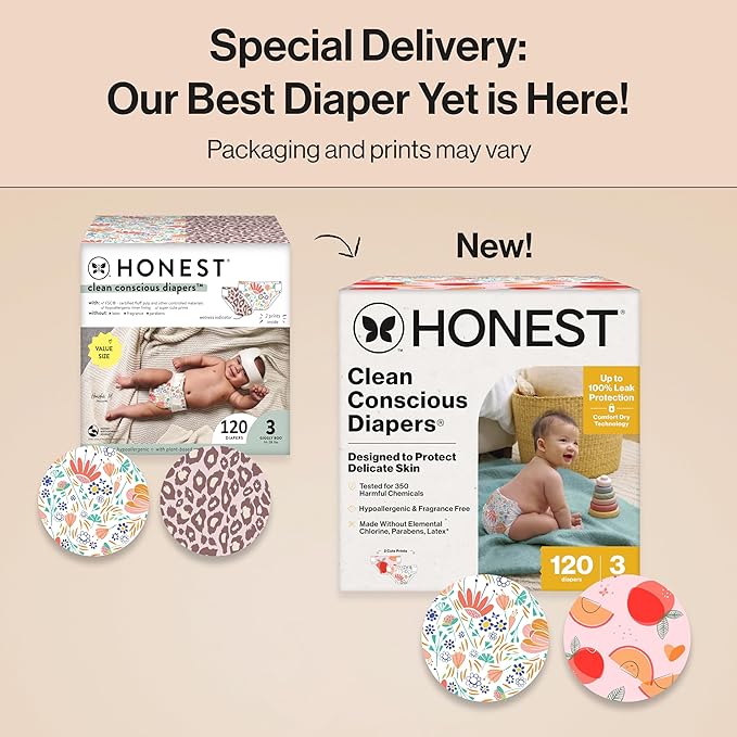 The Honest Company Clean Conscious Diapers for Sensitive Skin Up to 100% Leakproof Hypoallergenic Fragrance-Free Baby Girl Prints Super Club Box Size 3 (16–28 lbs) 120 Count