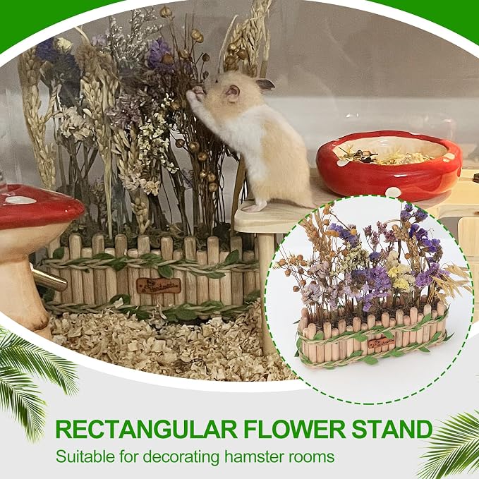 Hamster Cage Sprays Flower Foraging Holder - Natural Wood Feeding Stand, Small Pet Habitat Accessories for Hamsters Mouse Guinea Pig Dwarf Gerbils Syrian Mice (Leaf - Rectangle)