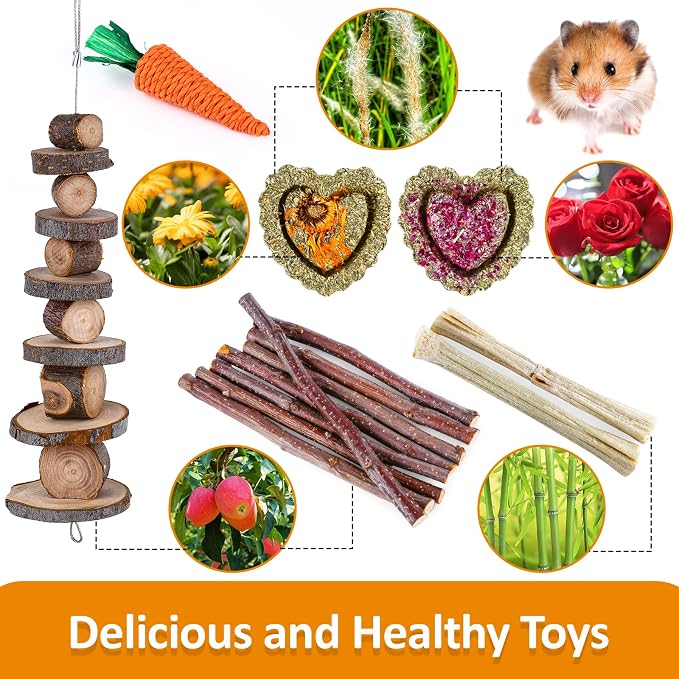 Hamster Toys Set, Guinea Pig Toys Bunny Small Animal Chewing Toy for Cage | Chinchillas, Gerbils, Rats, Rabbit Rodents Teeth Care Toys, Apple Wood Timothy Hay Mouse Toy Swing Seesaw Bridge