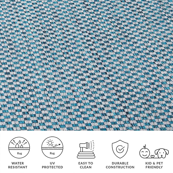 SAFAVIEH Washable Rug Outdoor Courtyard Collection - 7'10" Square, Turquoise & Light Grey, Non-Shedding & Easy Cleaning, Ideal for Patio, Backyard, Mudroom (CY8653-37221)