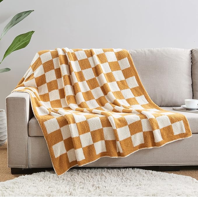 CozeCube Super Soft Fullfy Microfiber Reversible Knitted Blankets, Warm Cozy Fuzzy Plush Throw, Orange and White Checkered Throw Blanket for Couch Bed Sofa, 50" x 60"