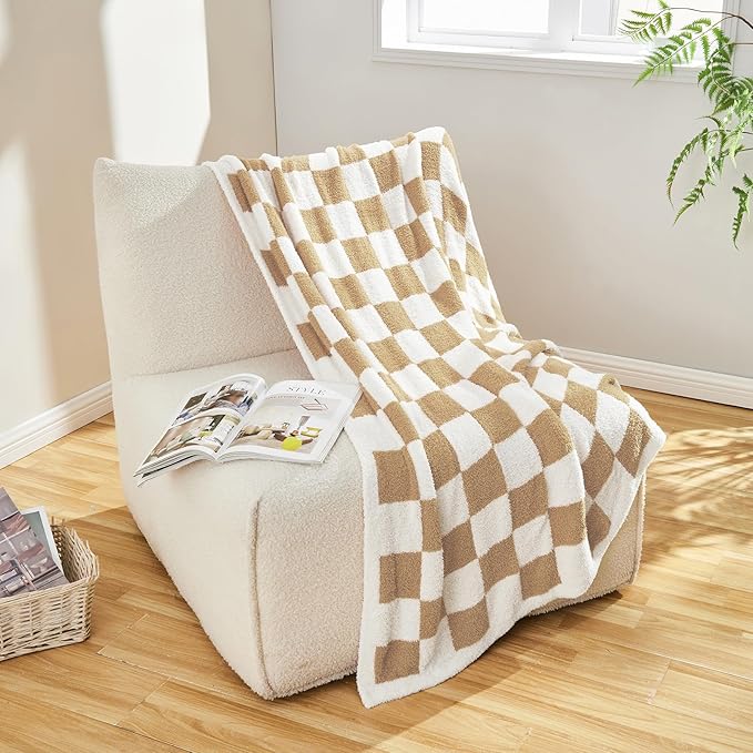CozeCube Super Soft Fullfy Microfiber Reversible Knitted Blankets, Warm Cozy Fuzzy Plush Throw, Beige and White Checkered Throw Blanket for Couch Bed Sofa, 60" x 80"