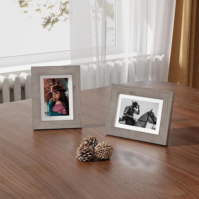 Fun Memories 5x7 Picture Frame with Mat for 4x6 Photo, Solid Elm Wood & Tempered Glass, Rustic Wall & Tabletop Display Frame, Grey, 1 Pack