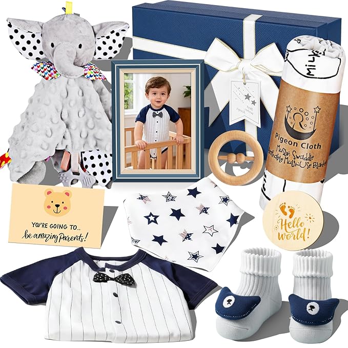 Baby Gift Basket for Newborn Girls & Boys, Baby Shower Gift Set for Boy, Newborn Baby Boy Essentials, Welcome Home, Gender Reveal Gifts for New Parents, Blue Gift Box