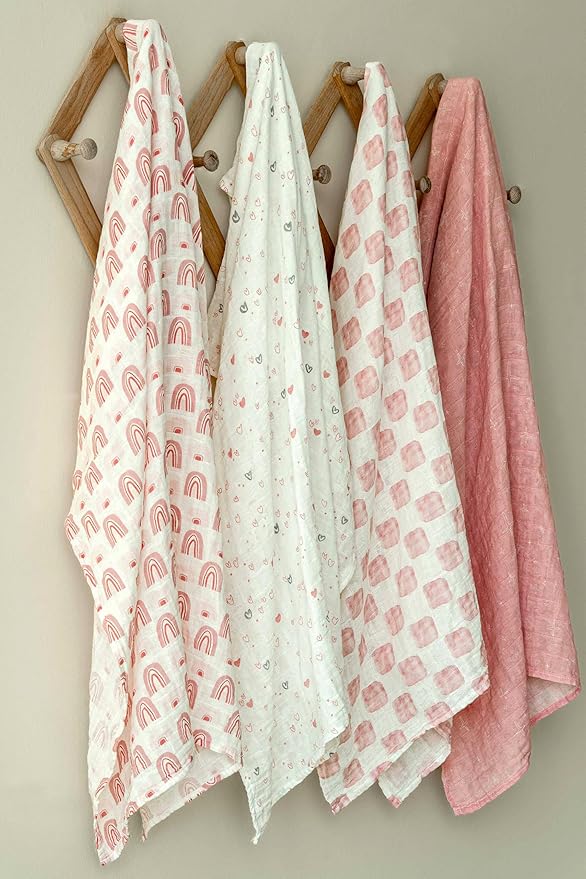 Muslin Swaddle Blankets for Newborn, 4 Pack Organic Cotton Baby Blanket, Large 31.5 x 43.3 Breathable Soft Receiving Blankets Girl, Essentials Swaddle Wrap Burping Clothes, Pink Rainbow