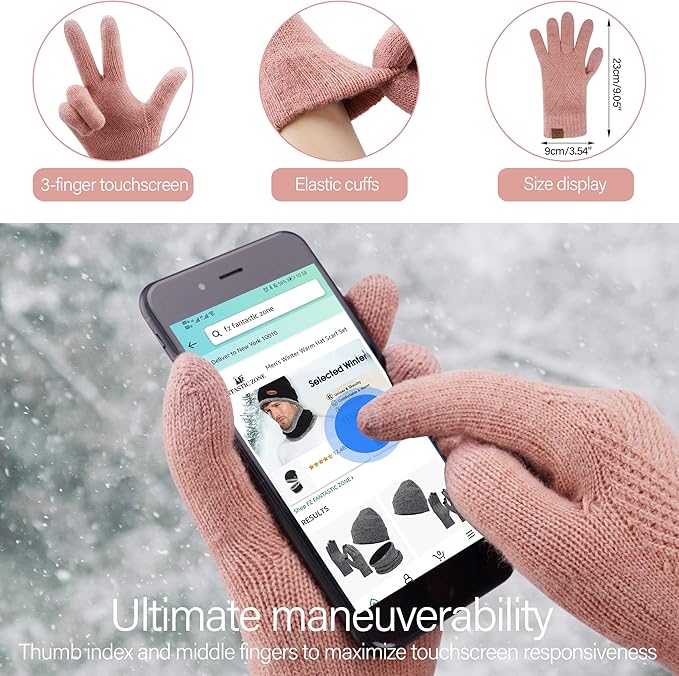 Womens Winter Warm Knit Beanie Hat Long Scarf Touchscreen Gloves Set with Fleece Lined Pom Skull Cap Gifts for Women