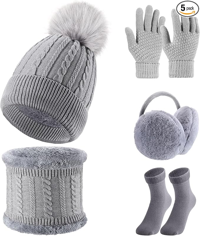 SATINIOR 5 Pcs Winter Hat Scarf Gloves Set Fleece Lined Knit Beanie Hat Warm Touch Screen Gloves Earmuff Warmer for Women(Grey,Beauty Style)