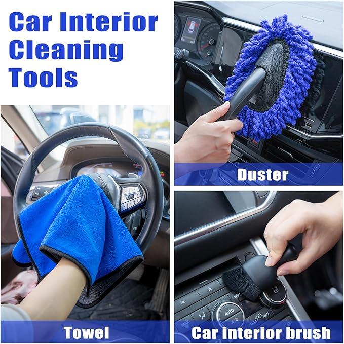 AUTODECO Windshield Cleaner Tool, 17Pcs Car Interior Detailing Kit, Detailing Brush, Towels, Duster, Car Cleaning Kit Interior for RVs, Truck, Trailer (Blue)