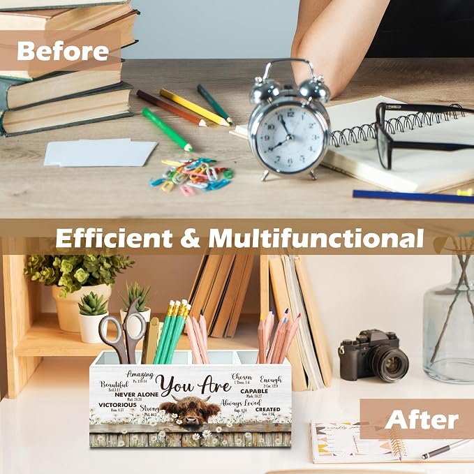 DILSJ Christian Highland Cow 4 Compartment Pen Pencil Holder for Desk | Inspirational Christian Gifts, Rustic Cow Motivational Wooden Box Signs Organizer for Home Office Desk Tabletop Decoration