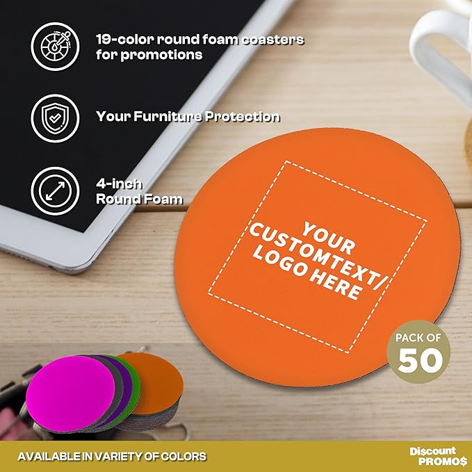 50 Round Foam Bud Coasters Pack, 4 inch - Customizable Text, Logo - PU Foam, Party Favor - Neon Orange