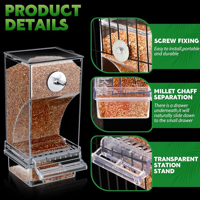 Yaomiao 4 Pcs No Mess Small Bird Feeders Automatic Parakeet Water Dispenser Clear Quail Feeder and Watered Cage Accessories for Small and Medium Parakeet Cockatiel Canary(Seed Feeder,Transparent)