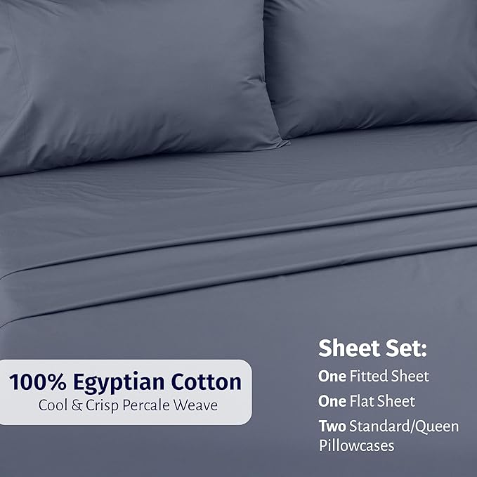 California Design Den Bed Sheets Full Size Set - Certified 100% Egyptian Cotton Percale Sheets Full Size with Deep Pockets, Lightweight, Crisp & Cool Durable Luxury Bedding Set - Mineral Blue