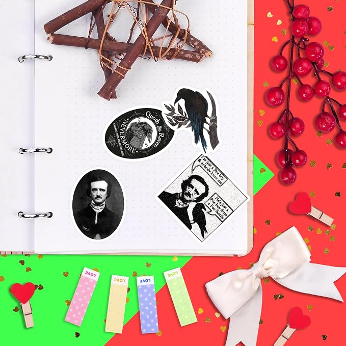 100Pcs Edgar Allan Poe Stickers for Water Bottle and Laptop - Edgar Allan Poe Party Supplies & Decorations, Waterproof Vinyl Decals, Literature and Gothic Stickers, Gifts for Women & Men