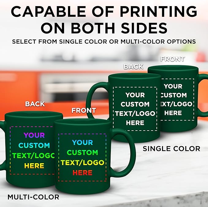Custom Ceramic Coffee Mugs 11 oz. Set of 100, Personalized Bulk Pack - Coffee cup set, Iced coffee cup, Gaming mug - Green