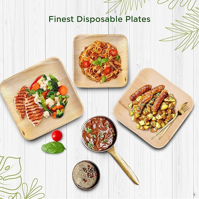 8 Inch 40 Square Palm Leaf Plates – Compostable, Biodegradable, Eco-Friendly – Like Bamboo Disposable Plates for Party, Wedding, Picnic – Sturdy, Heat Proof & Leak Proof