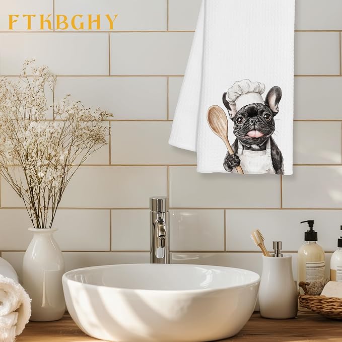 Funny French Bulldog Chef Kitchen Towels, Frenchie Gifts for Women Men, Gifts for Chef, Funny Frenchie Dog Decorative Dish Hand Tea Towels for Kitchen Bakery, 16x24 Inch