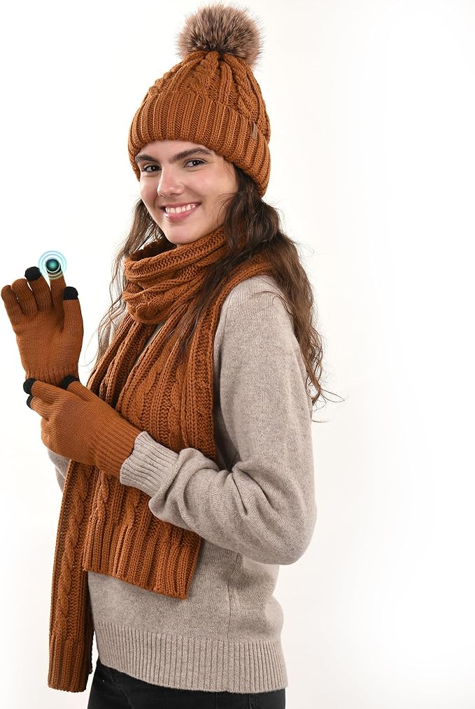FURTALK Womens Winter Hat Gloves Scarf Set Fleece Knit Pom Beanie Warm Neck Warmer Touchscreen Gloves 3 in 1 Gift Set