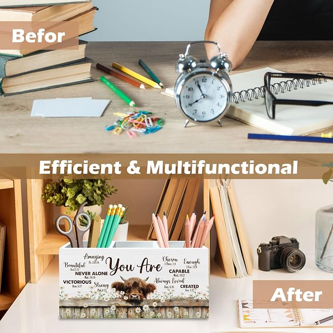 DILSJ Inspirational Highland Cow Pen Pencil Holder Organizer for Desk, Highland Cow Gifts for Women, Be Kind Be Brave Decor Wooden Box Signs for Home Office Desk Decoration Office & School Supplies