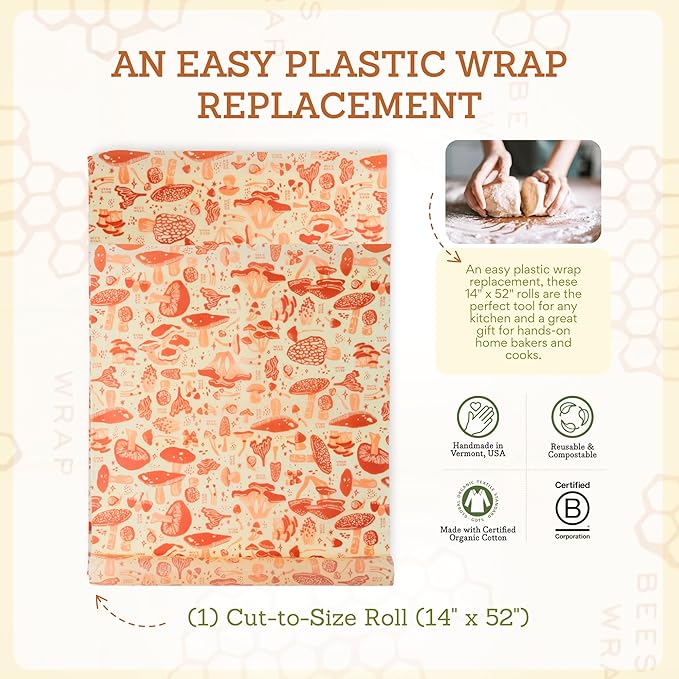 Bee's Wrap Beeswax Wraps for Food - Cut to Size 14x52" Wax Paper Roll - Made in USA Reusable Waxed Paper & Bowl Covers - Organic Eco-Friendly Alternative to Aluminum Foil, Mushroom Magic