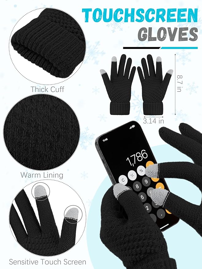 Winter Beanie Hat Scarf Gloves, Warm Fleece Knit Hats Touch Screen Gloves Neck Scarf Set Winter Gifts for Unisex Adult