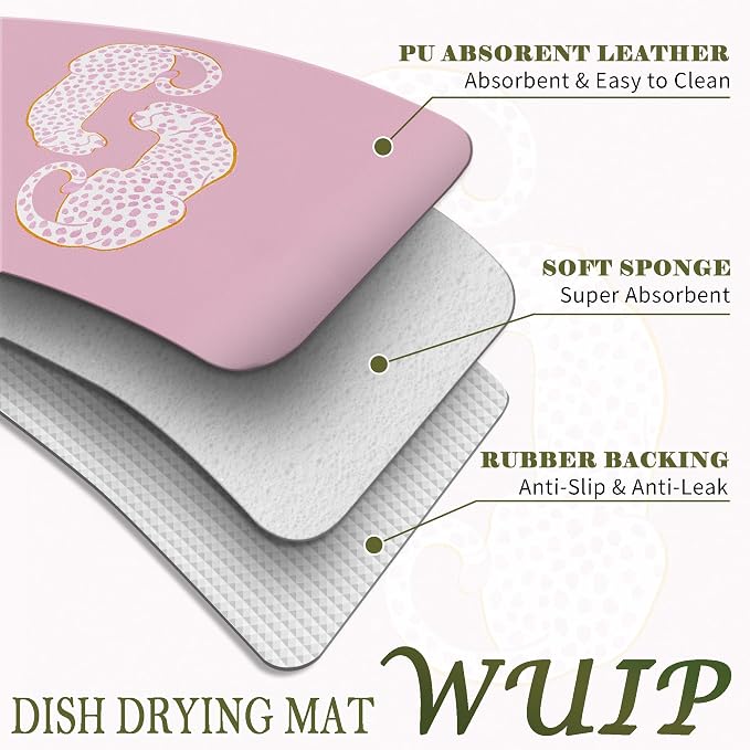 Pink Leopard Dish Drying Mats for Kitchen Counter, Preppy Girly Aesthetic Cheetah Print Absorbent Reversible Coffee Bar Mat Drying Pad for Kitchen Decor, 12x15 Inch