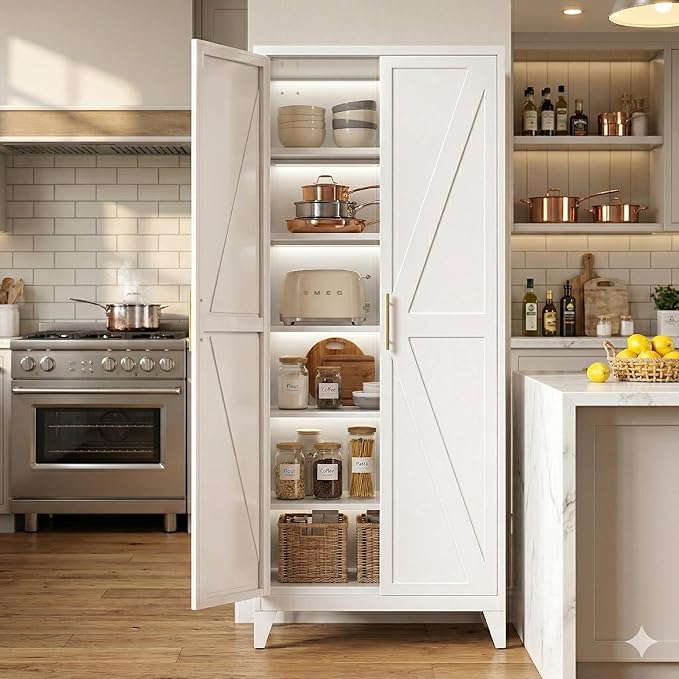 75" H Metal Pantry Storage Cabinet with Doors,Farmhouse Kitchen Pantry Cabinet with 5 Adjustable Shelves for Kitchen, Living Room,Assemble Required,White,15.75" D x 31.5" W x 75.3" H