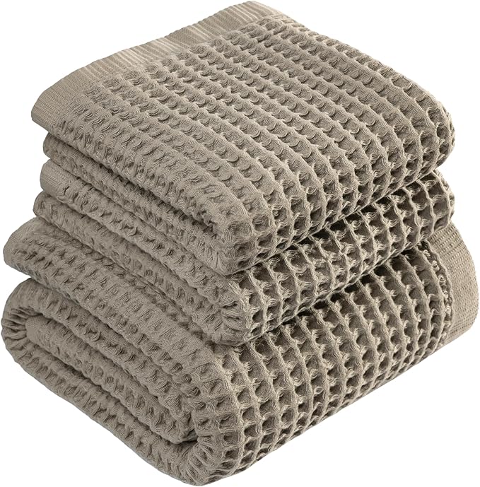DEMMEX Organic Cotton Waffle Weave Turkish Towel Set for Bathroom, 100% Oeko-TEX Certified Super Soft Turkish Cotton, Lightweight & Quick Dry, 1 Bath & 2 Large Hand Towels, 30x60/20x30 in., Beige/Tan