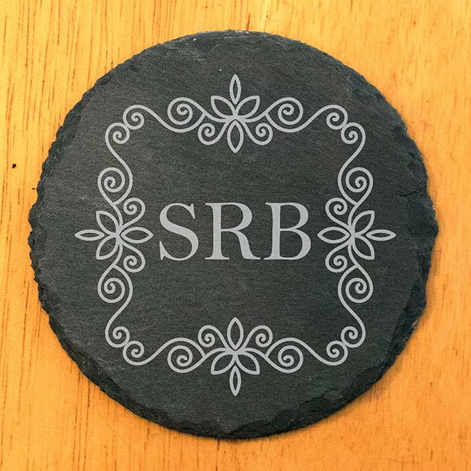 Personalized Elegance: Floral Monogram Slate Drink Coasters - Round Slate - Set of 4