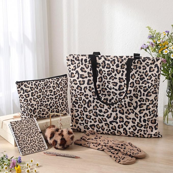Talltalk 6 Pcs Leopard Gifts for Women Leopard Print Gift Set, Socks Canvas Bag Makeup Bag Spiral Notebook Ballpoint Pen and Artificial Fur Keychain for Christmas Birthday Graduation Thanksgiving
