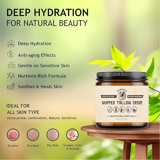 Beef Tallow for Skin 4oz Unscented, Organic Whipped beef Tallow and Honey Balm, 100% Grass Fed Beef Tallow Face Moisturizer For Dry Skin, Lip balm, Eczema Natural Tallow Moisturizer (Cream, Cream)