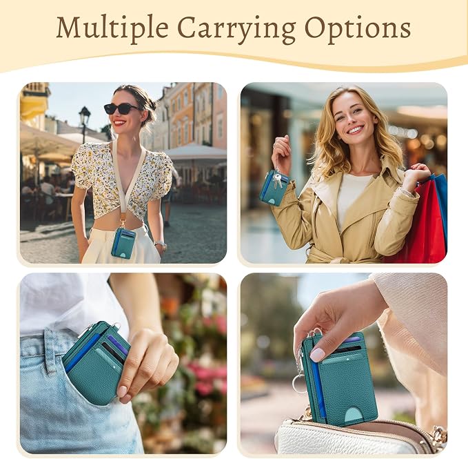 Kelvoris Credit Card Holder Small Wallet Women, Slim RFID, Teal Blue | Keychain, Zipper Coin Pocket, Front Pocket Thin Travel Card Case, Minimalist, 6 Card Slots, 1 ID Window, Ladies Gifts Woman