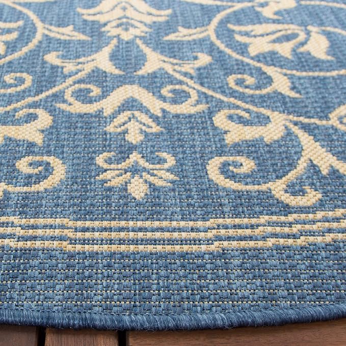 SAFAVIEH Washable Rug Outdoor Courtyard Collection - 7'10" Round, Blue & Natural, Non-Shedding & Easy Cleaning, Ideal for Patio, Backyard, Mudroom (CY2098-3103)