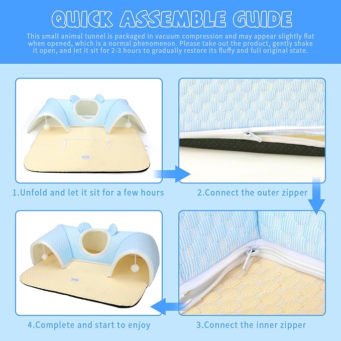 YUEPET 3-Way Bunny Tunnel Bed, Rabbit Play Tunnel for Medium Small Bunnies | Rabbit Tunnels for Indoor Bunnies, Removable Washable Cover, Anti-Slip Bottom, 29.5 x 21.7 in, For Guinea Pigs, Blue