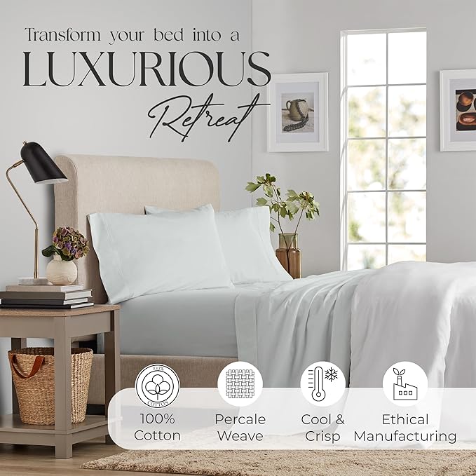 SUPREME ELEGANCE Twin Sheets Set – Natural 100% Cotton Percale Twin Bed Sheets, Oeko-tex Made in Green Sustainable, Cooling Crisp Bedding with Deep Pockets, Soft Breathable Hotel Quality, Soft Silver